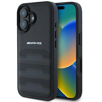 AMG Leather Debossed Lines Black Logo iPhone 16 Case - Black_0