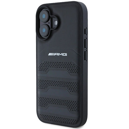 AMG Leather Debossed Lines Black Logo iPhone 16 Case - Black_1