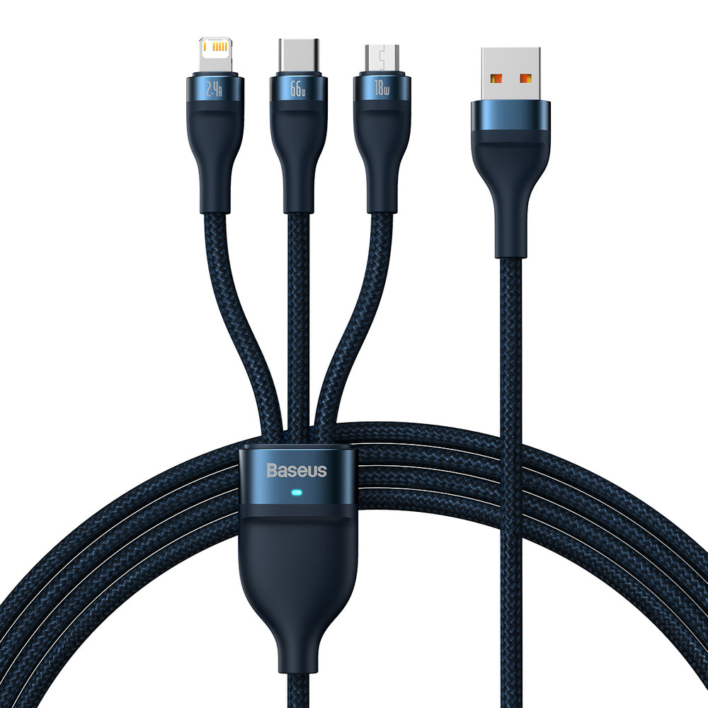 Baseus Flash Series Ⅱ 3-in-1 Fast Charging Cable USB-A to USB-C / Micro-USB / Lightning 66W 480Mb/s 1.2m Blue - OUTLET_0