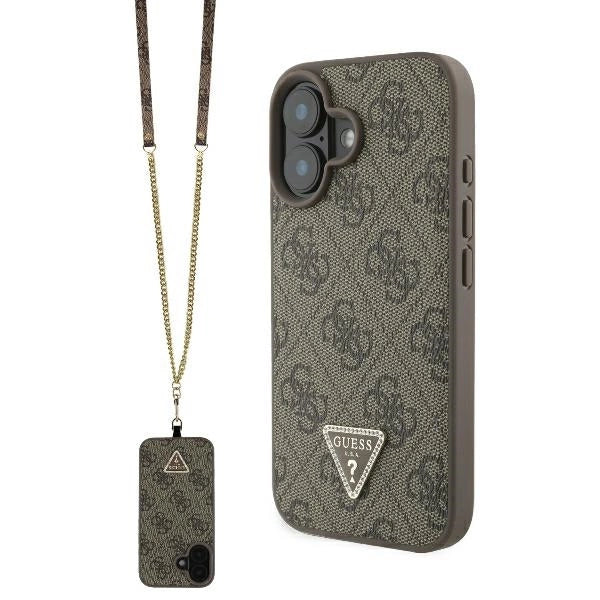 Guess Leather Metal Logo Strass Crossbody Case for iPhone 16 - Brown_0