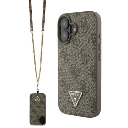 Guess Leather Metal Logo Strass Crossbody Case for iPhone 16 - Brown_0