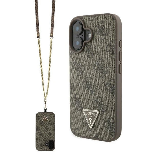 Guess Leather Metal Logo Strass Crossbody Case for iPhone 16 - Brown_0