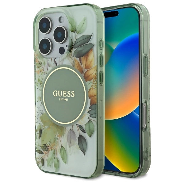 Guess IML Flower &amp; Tonal Circle MagSafe case for iPhone 16 Pro - green_0