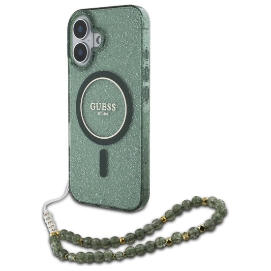 Guess IML Glitter With Pearl Strap MagSafe case for iPhone 16 Plus - green_0