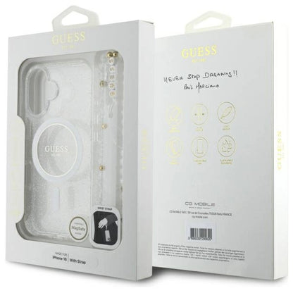Guess IML Glitter With Pearl Strap MagSafe iPhone 16 Plus Case - Clear_7