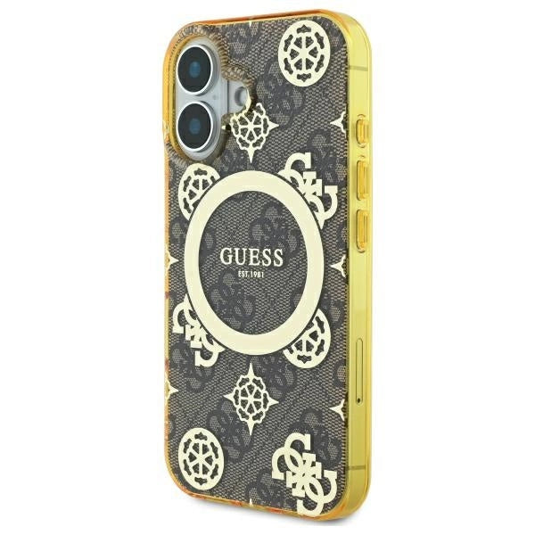 Guess IML Peony On 4G Background MagSafe iPhone 16 Case - Brown_1