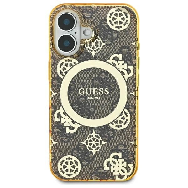 Guess IML Peony On 4G Background MagSafe iPhone 16 Case - Brown_2