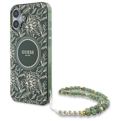 Etui Guess IML Flowers Allover Electro With Pearl Strap MagSafe na iPhone 16 - zielone_0