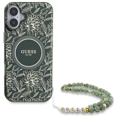 Etui Guess IML Flowers Allover Electro With Pearl Strap MagSafe na iPhone 16 - zielone_1