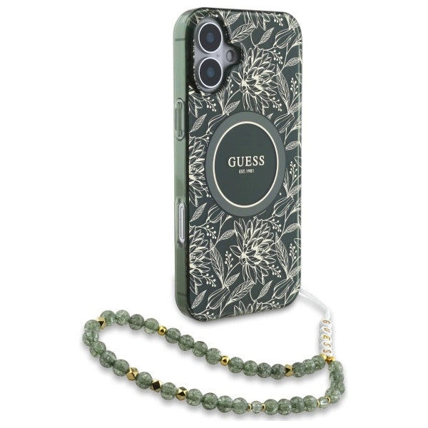 Etui Guess IML Flowers Allover Electro With Pearl Strap MagSafe na iPhone 16 - zielone_2