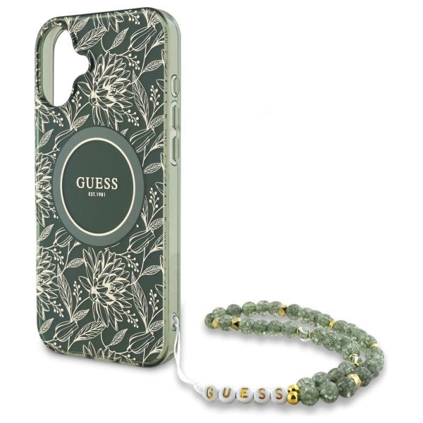 Etui Guess IML Flowers Allover Electro With Pearl Strap MagSafe na iPhone 16 - zielone_4