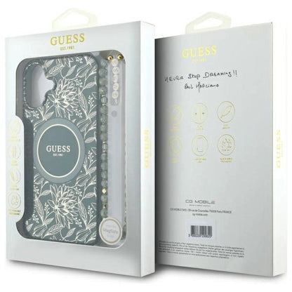 Etui Guess IML Flowers Allover Electro With Pearl Strap MagSafe na iPhone 16 - zielone_6