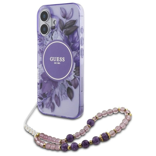 Guess IML Flowers With Pearl Strap MagSafe case for iPhone 16 - purple_0