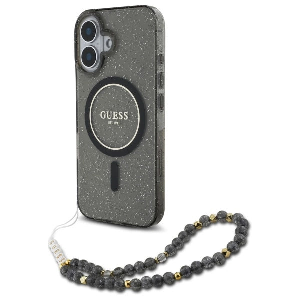 Guess IML Glitter With Pearl Strap MagSafe case for iPhone 16 - black_0