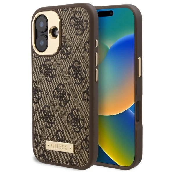 Guess 4G Logo Plate MagSafe iPhone 16 Case - Brown_0