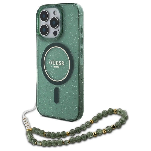 Guess IML Glitter With Pearl Strap MagSafe case for iPhone 16 Pro Max - green_0