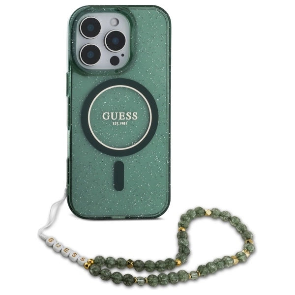 Guess IML Glitter With Pearl Strap MagSafe case for iPhone 16 Pro Max - green_1