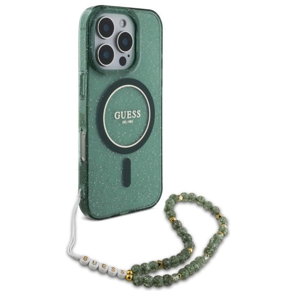 Guess IML Glitter With Pearl Strap MagSafe case for iPhone 16 Pro Max - green_2
