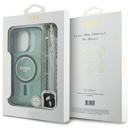 Guess IML Glitter With Pearl Strap MagSafe case for iPhone 16 Pro Max - green_6