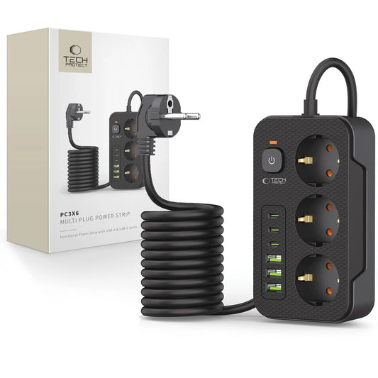 Tech-Protect PC3X6 Power Strip 3 Sockets 240V + 3xUSB-A + 3xUSB-C 200cm - Black_0