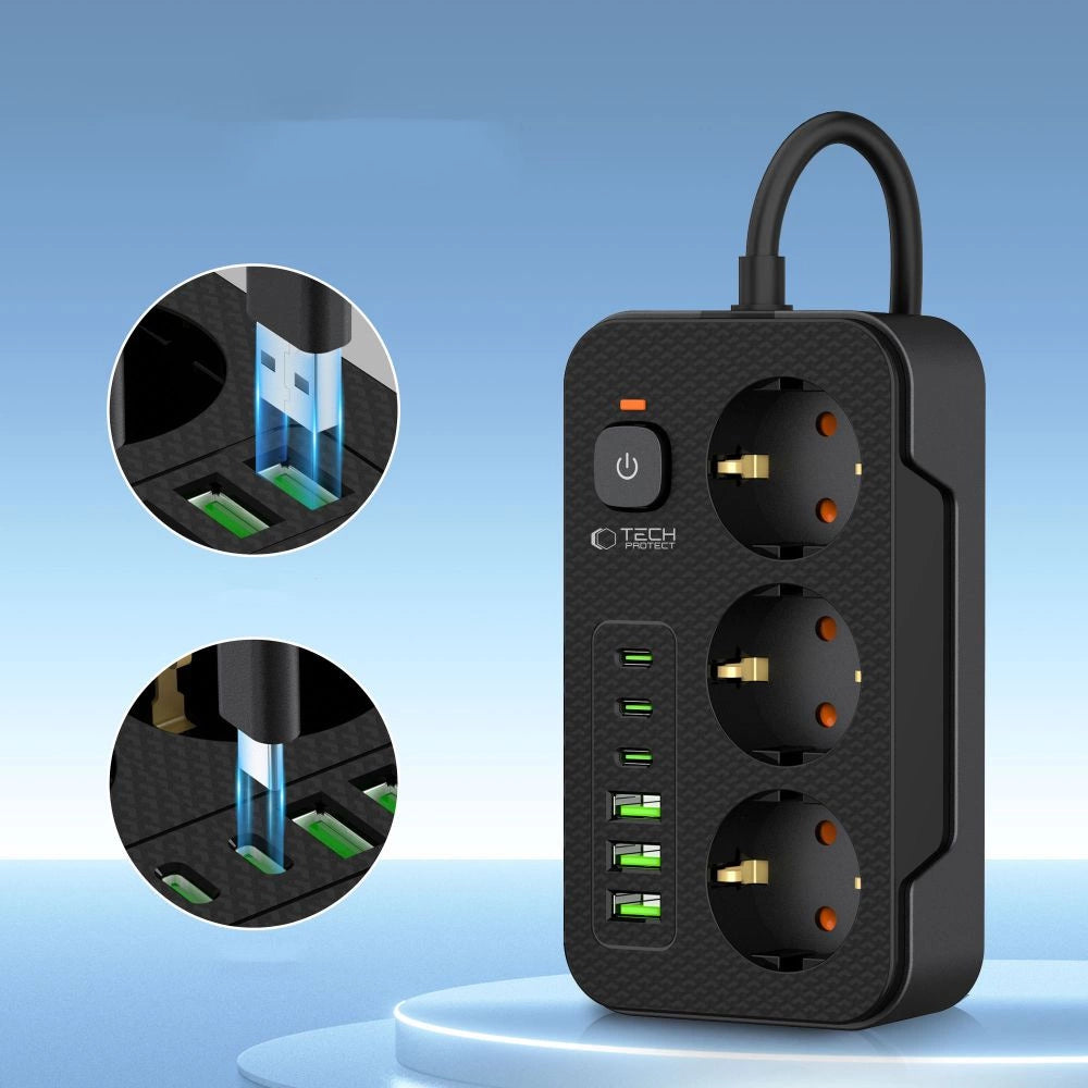 Tech-Protect PC3X6 Power Strip 3 Sockets 240V + 3xUSB-A + 3xUSB-C 200cm - Black_2