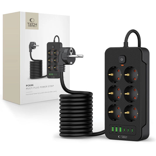 Tech-Protect PC6X6 Power Strip 6 Sockets 240V + 3xUSB-A + 3xUSB-C 200cm - Black_0