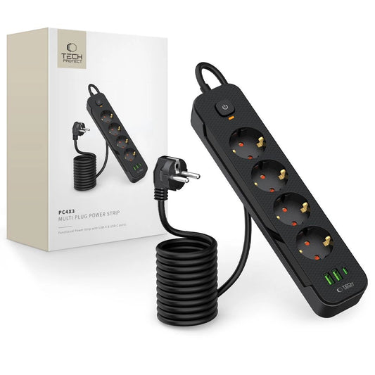 Tech-Protect PCL4X3 Power Strip 4 Sockets 240V + 2xUSB-A + 1xUSB-C 200 cm - Black_0