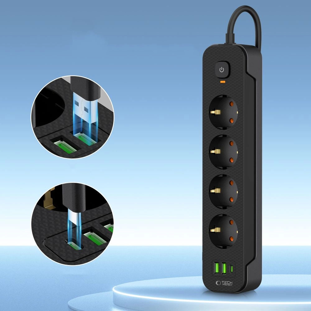 Tech-Protect PCL4X3 Power Strip 4 Sockets 240V + 2xUSB-A + 1xUSB-C 200 cm - Black_2