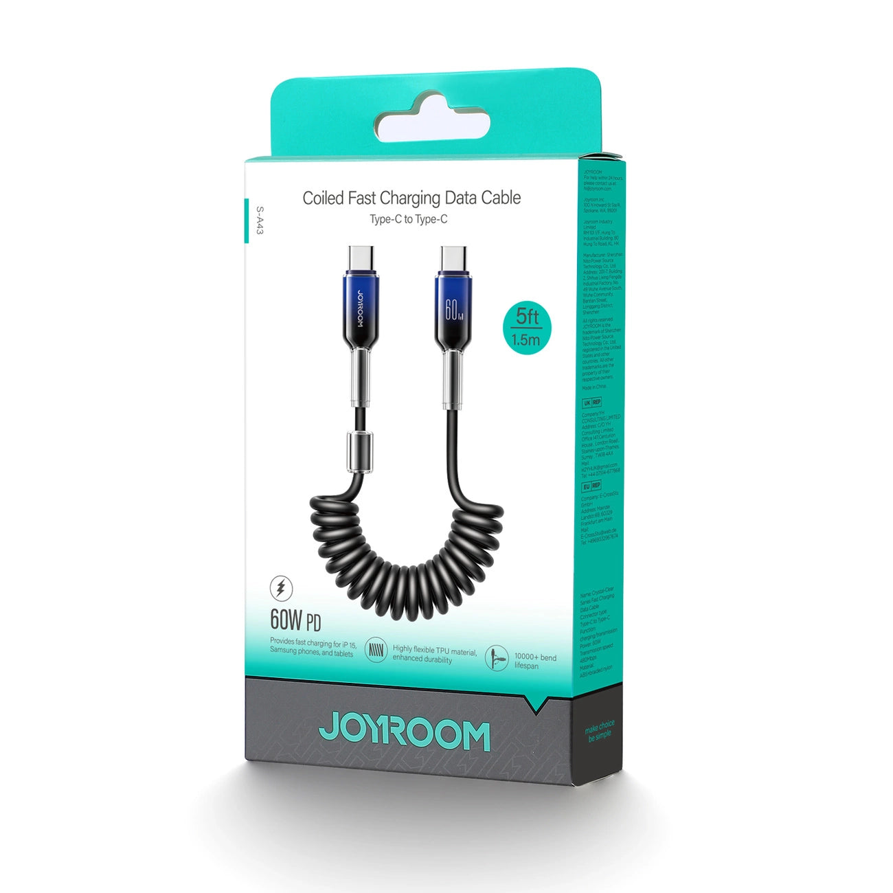 Joyroom S-A43 Crystal-Clear Series 60W USB-C - USB-C spiral cable 1.5m - black_2