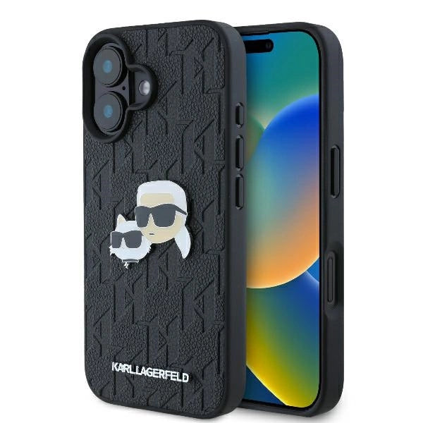 Karl Lagerfeld Monogram Karl &amp; Choupette Head Pin iPhone 16 Case - Black_0