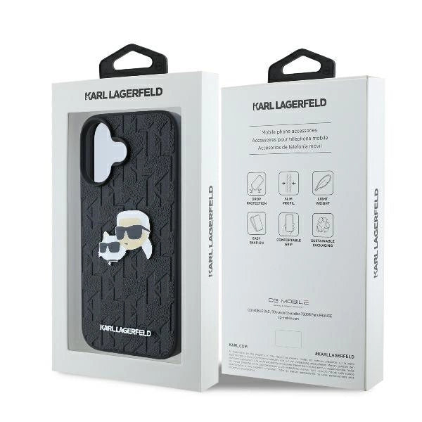 Karl Lagerfeld Monogram Karl &amp; Choupette Head Pin iPhone 16 Case - Black_7