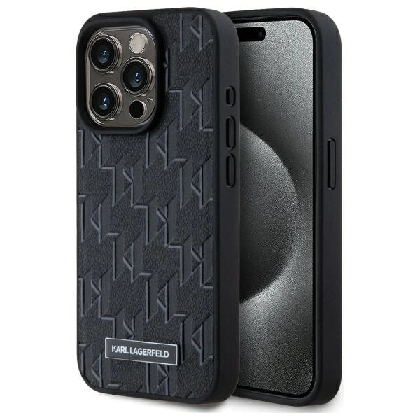 Karl Lagerfeld Leather Monogram Metal Logo MagSafe iPhone 15 Pro Case - Black_0