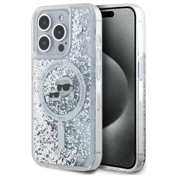 Karl Lagerfeld Liquid Glitter Karl &amp; Choupette Head Magsafe Case for iPhone 15 Pro Max - Clear_0