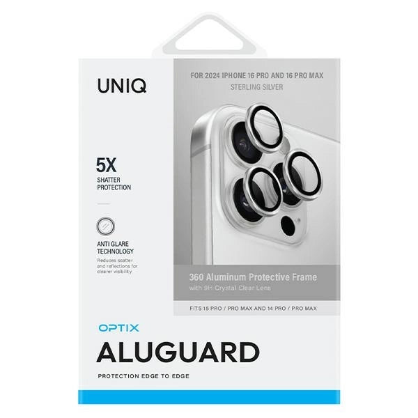 Uniq Optix Aluminum Camera Lens Protector iPhone 16 Pro 6.3" / 16 Pro Max 6.9" sterling silver camera lens glass with applicator_1