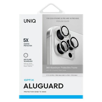 Uniq Optix Aluminum Camera Lens Protector iPhone 16 Pro 6.3" / 16 Pro Max 6.9" sterling silver camera lens glass with applicator_1