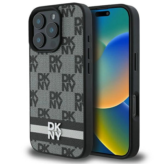 DKNY Checkered Pattern &amp; Printed Stripes case for iPhone 16 Pro - black_0