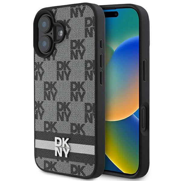 DKNY Checkered Pattern &amp; Printed Stripes case for iPhone 16 - black_0