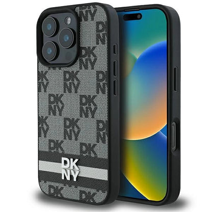 DKNY Checkered Pattern &amp; Printed Stripes case for iPhone 16 Pro Max - black_0