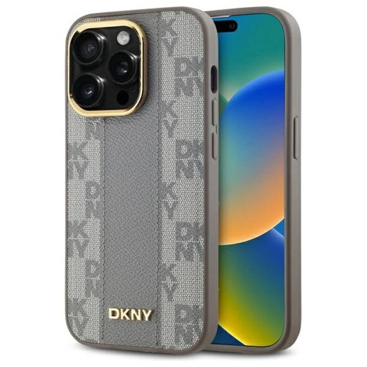 DKNY Leather Checkered Mono Pattern MagSafe iPhone 14 Pro Case - Beige_0