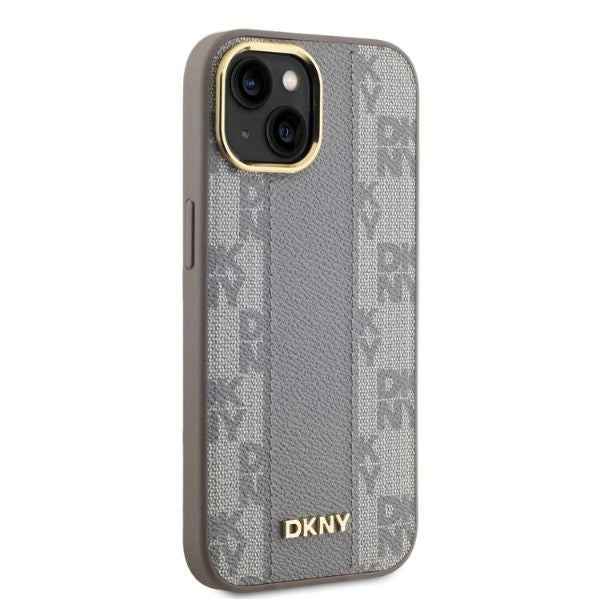 DKNY Leather Checkered Mono Pattern MagSafe iPhone 14 Case - Beige_3