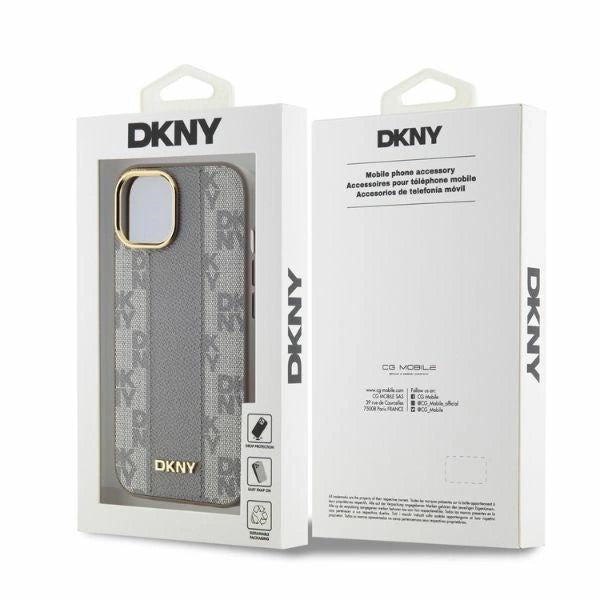 DKNY Leather Checkered Mono Pattern MagSafe iPhone 14 Case - Beige_4