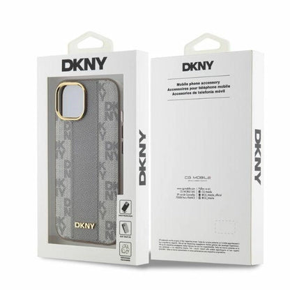 DKNY Leather Checkered Mono Pattern MagSafe iPhone 14 Case - Beige_4