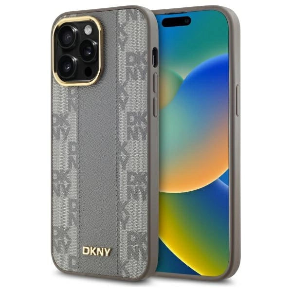 DKNY Leather Checkered Mono Pattern MagSafe iPhone 14 Pro Max Case - Beige_0
