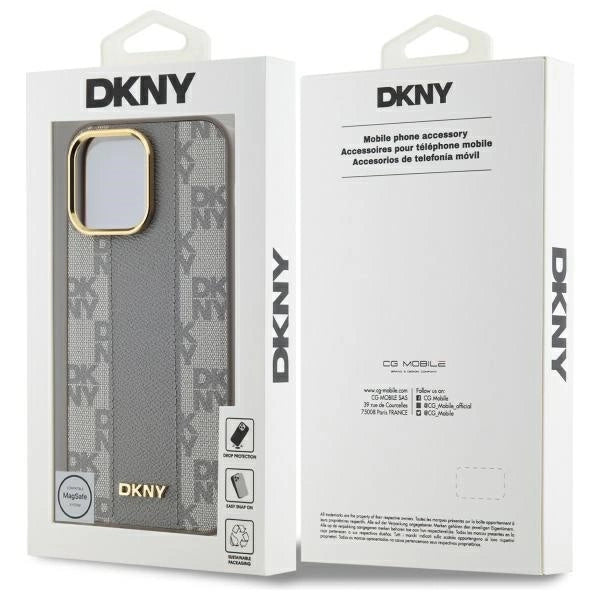 DKNY Leather Checkered Mono Pattern MagSafe iPhone 14 Pro Max Case - Beige_7