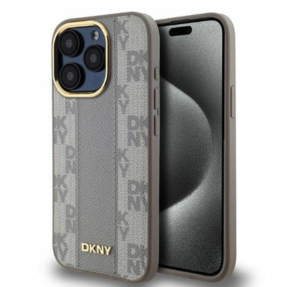DKNY Leather Checkered Mono Pattern MagSafe iPhone 15 Pro Case - Beige_0