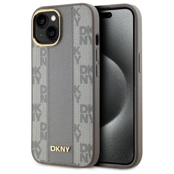 DKNY Leather Checkered Mono Pattern MagSafe iPhone 15 Plus Case - Beige_0