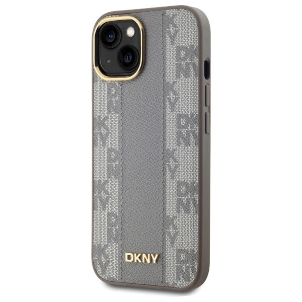 DKNY Leather Checkered Mono Pattern MagSafe iPhone 15 Plus Case - Beige_1