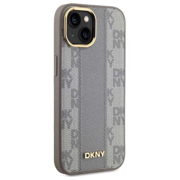 DKNY Leather Checkered Mono Pattern MagSafe iPhone 15 Plus Case - Beige_3