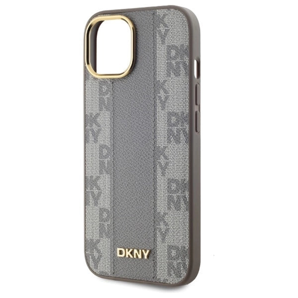 DKNY Leather Checkered Mono Pattern MagSafe iPhone 15 Plus Case - Beige_5