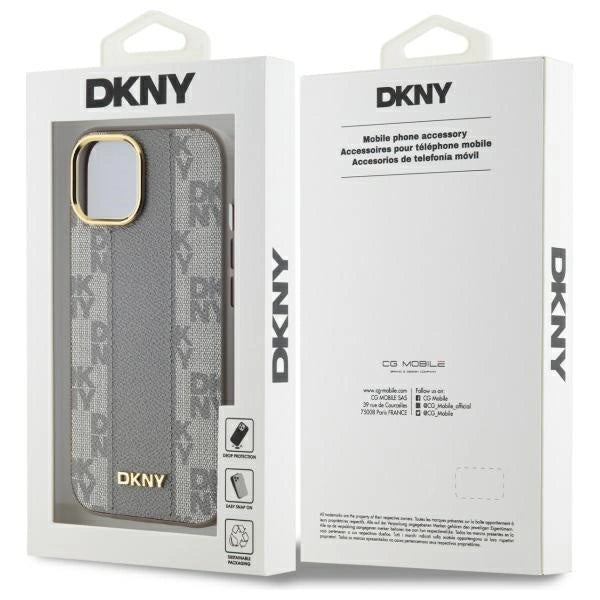 DKNY Leather Checkered Mono Pattern MagSafe iPhone 15 Plus Case - Beige_7